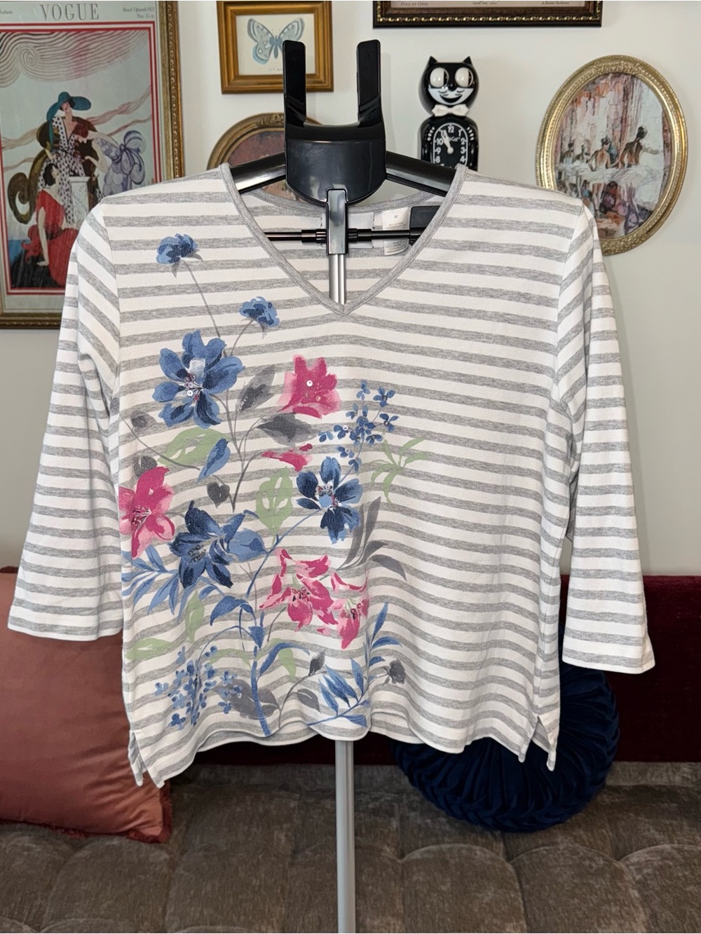 Alfred Dunner White & Gray Striped V-Neck Top with Pink & Blue Floral